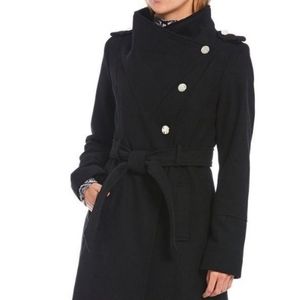 GUESS Asymmetric wrap belt button front lined over wool Navy coat size XL